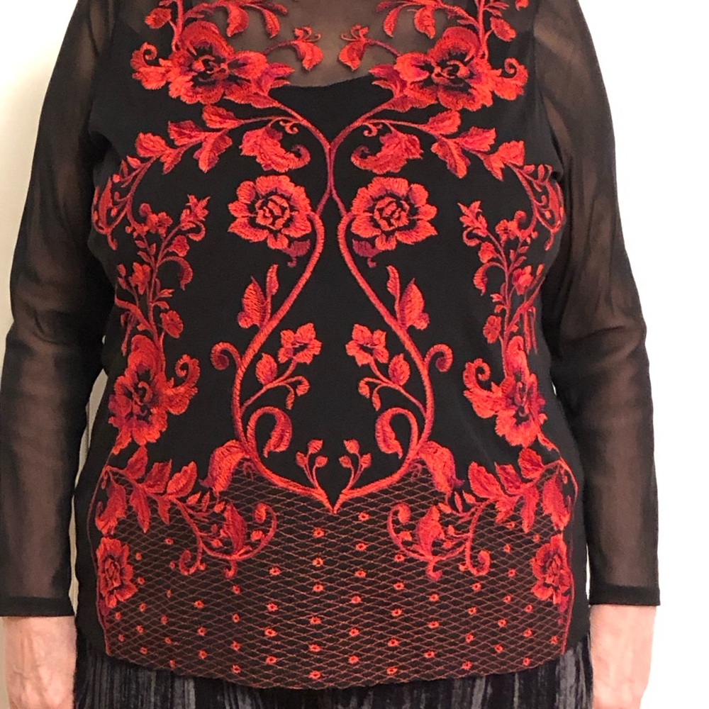 INC International Concepts Elegant Black and Red Floral Lace Top